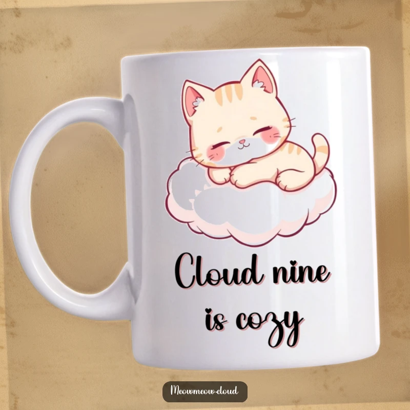 Funny cute cat lounging comfortably on a fluffy cloud, purring with eyes closed, ideal for cat lovers.