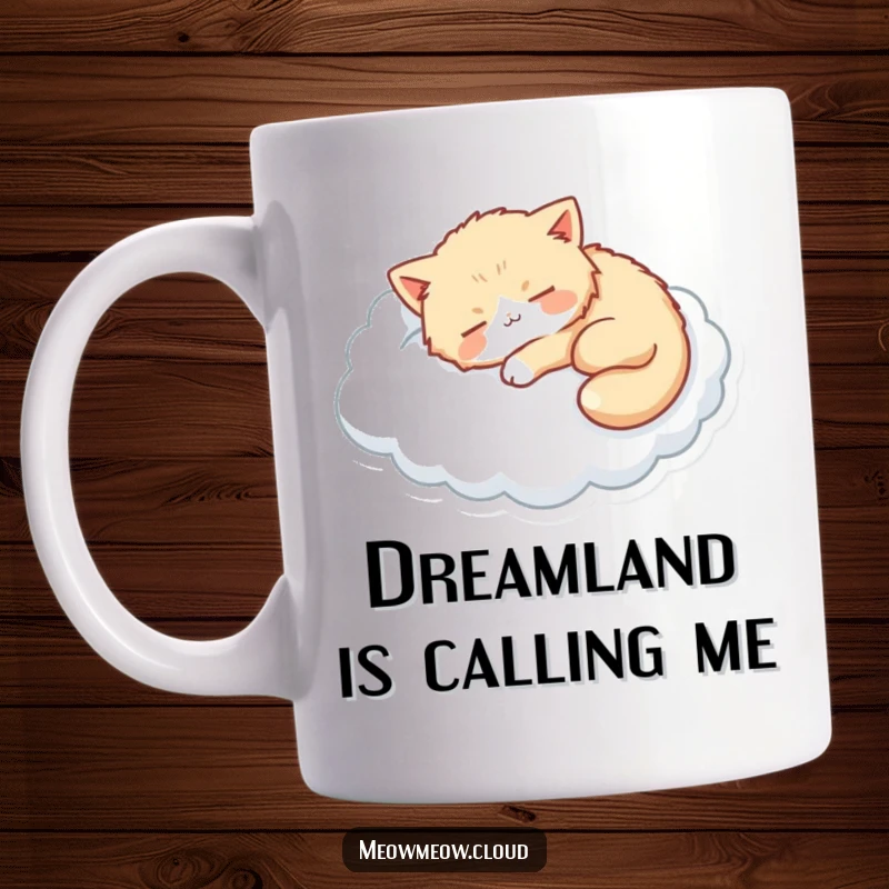 Funny mug featuring a fluffy cat peacefully napping on a soft, fluffy cloud, embodying ultimate relaxation.