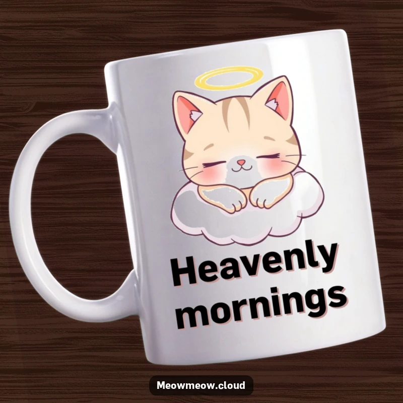 Funny mug showing a cheerful cat character with a tiny halo, napping peacefully on a fluffy cloud.