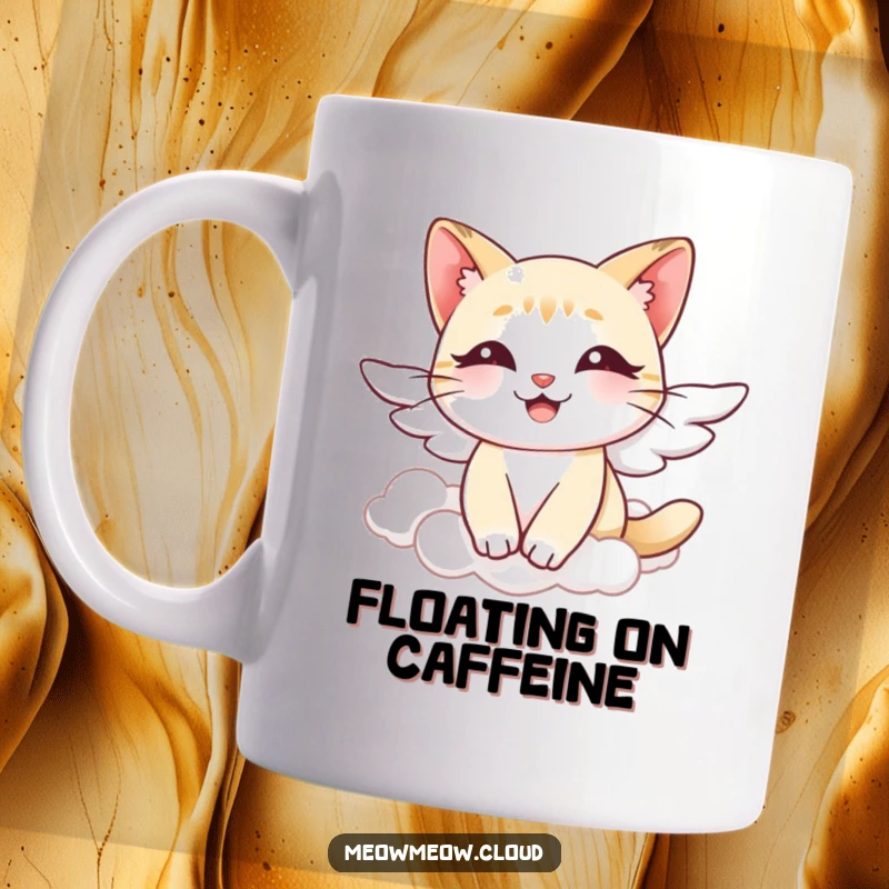 Funny angel cat mug, a smiling cat with tiny wings floating gracefully through soft clouds, serene and humorous beverage holder.