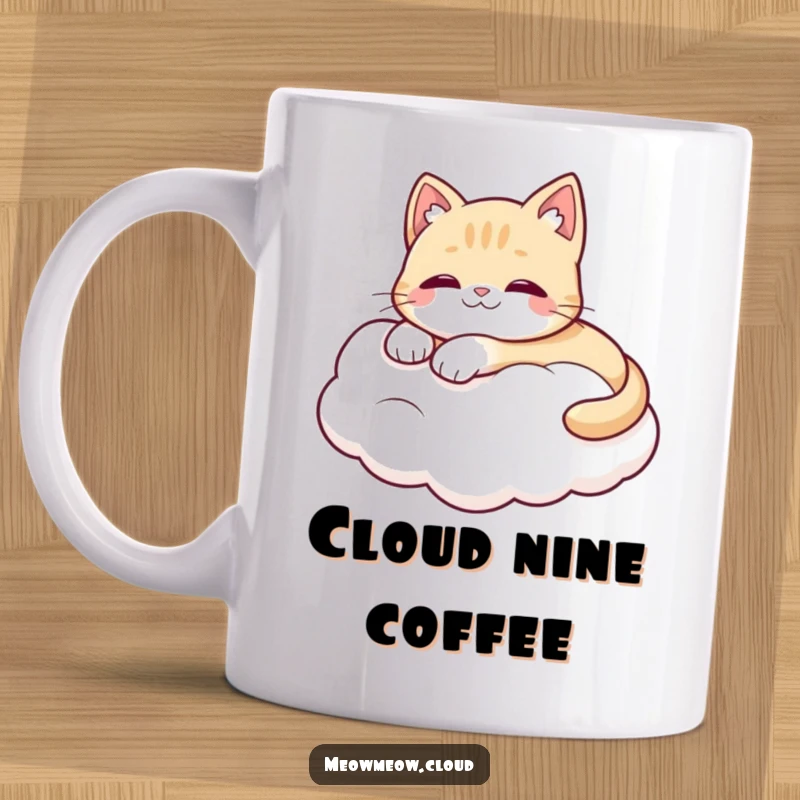 Funny mug showing a cute cat character blissfully lounging on a soft, fluffy white cloud, radiating happiness and peace.
