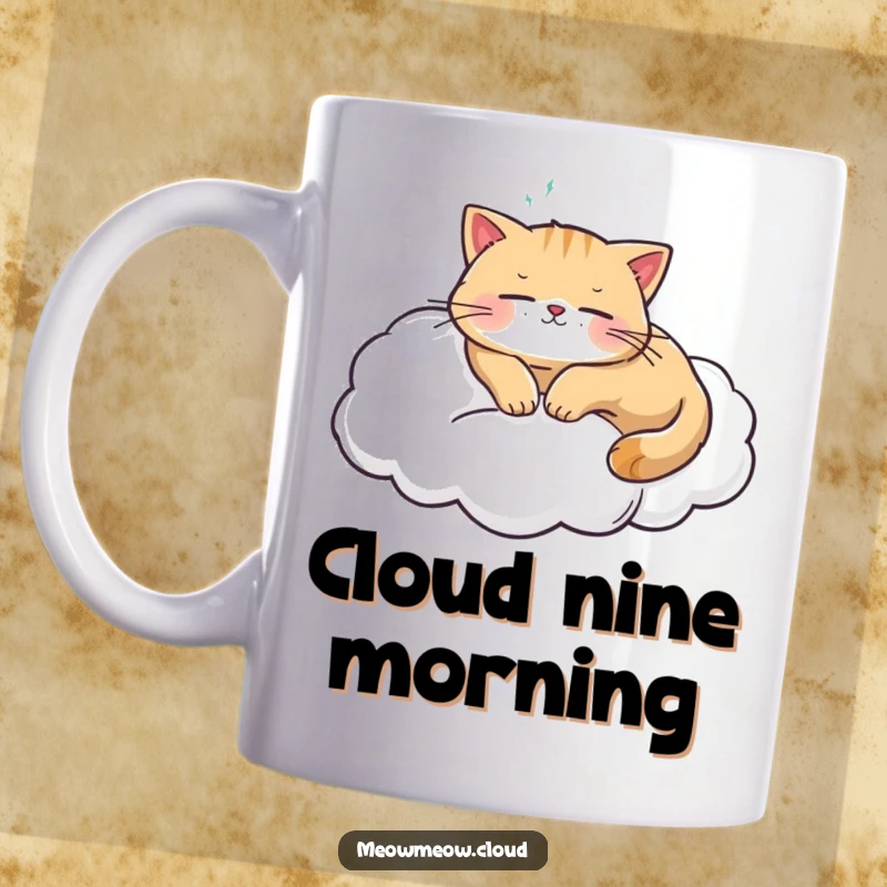 Funny content cat sleeping soundly on a soft cloud, depicted on a ceramic mug, ideal for cozy mornings and gift ideas.