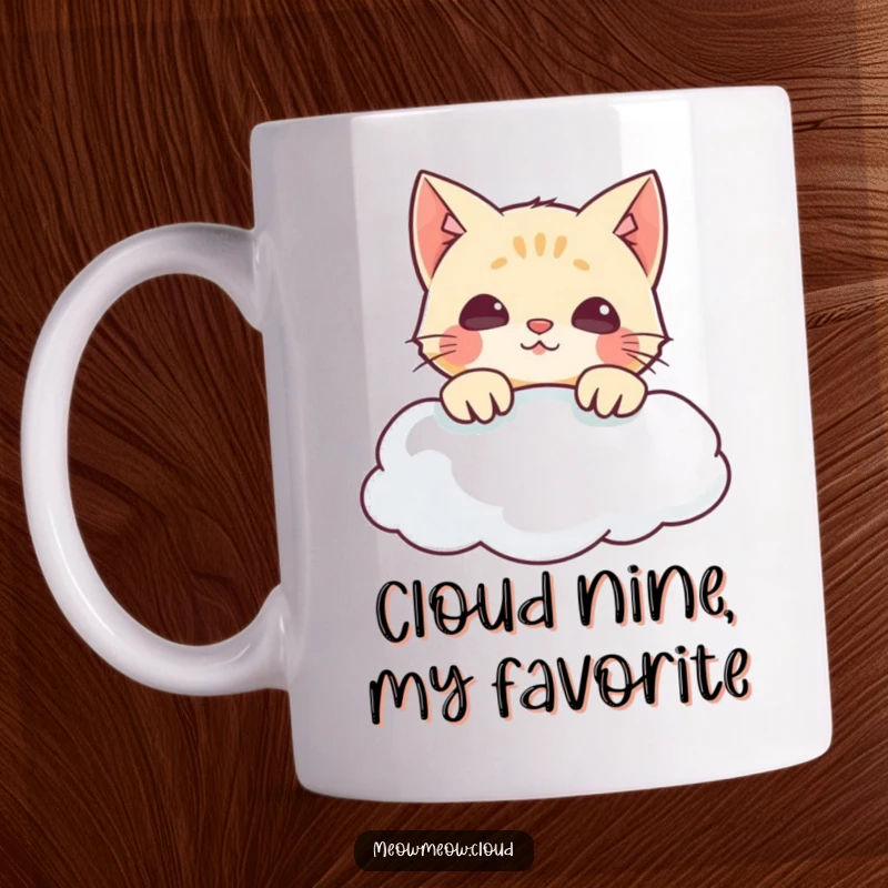 Funny cat mug featuring a mischievous kitty peeking curiously over a fluffy cloud edge, ready for adventure.