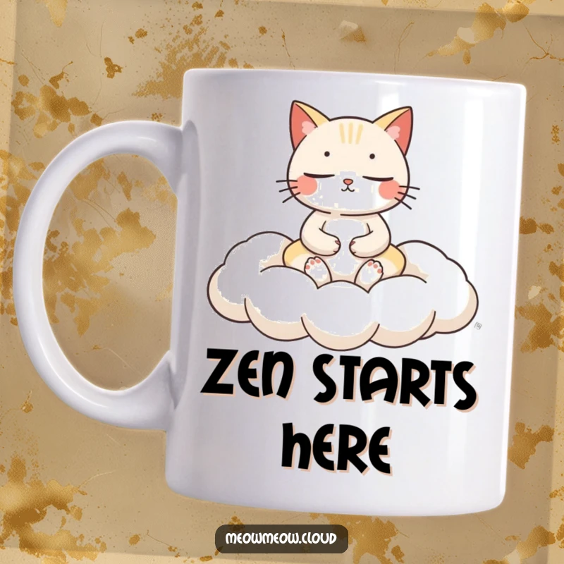 Funny cat meditation mug featuring a serene feline figure peacefully meditating on a soft, fluffy cloud cushion.