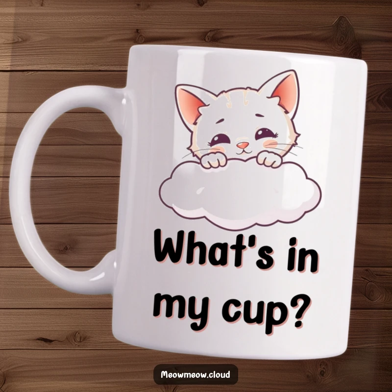 Funny mug featuring a curious cat peeking over the edge of a cloud, embodying playful wonder.