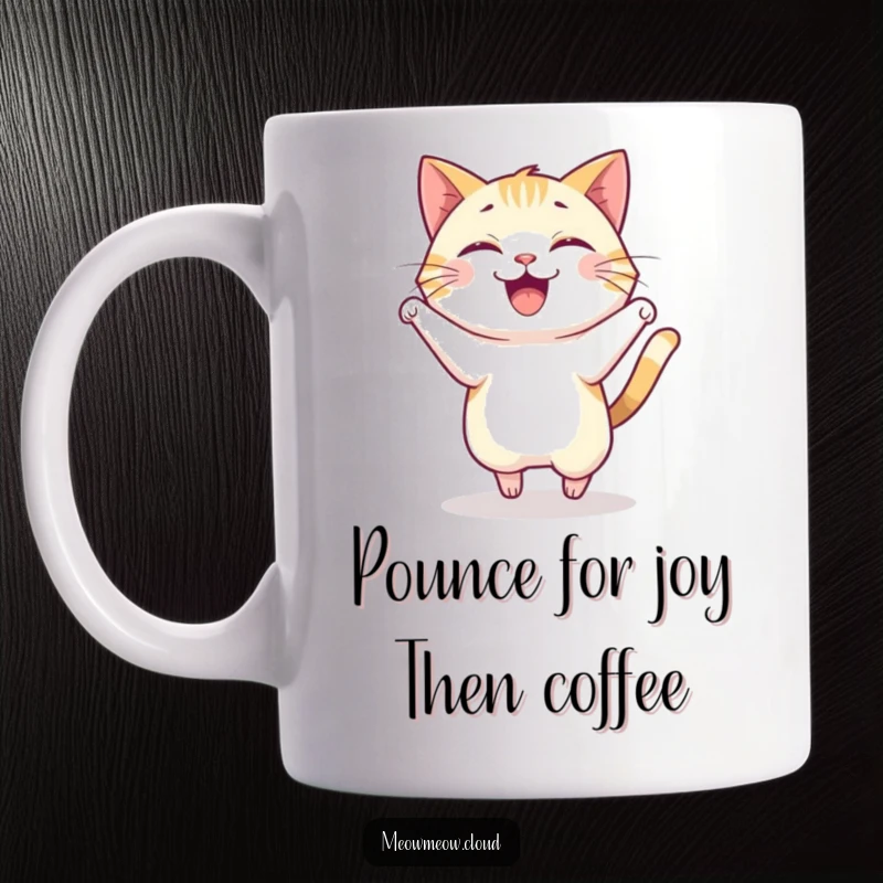 Funny mug depicting a joyful cat captured mid-air during a happy, energetic pounce.