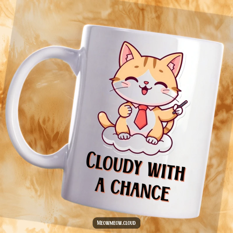 Funny cat presenter mug, a cheerful feline in a tie gives a presentation on a cloud, symbolizing eloquent ideas and charm.