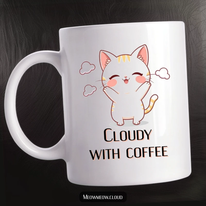 Funny Mug featuring a playful cat character skillfully juggling small, puffy clouds with a mischievous grin.