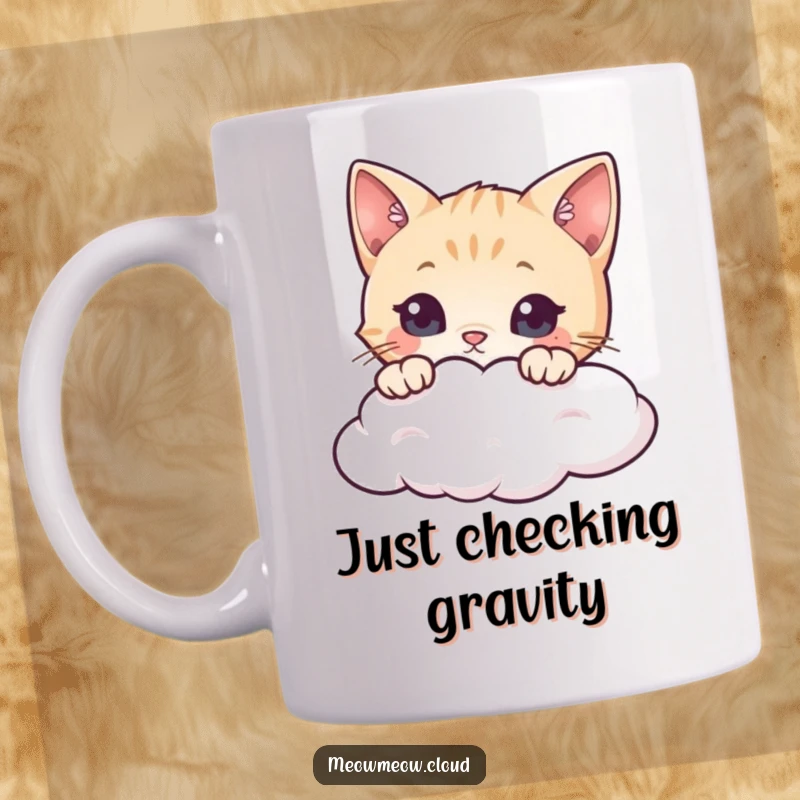 Funny cat mug featuring a curious feline peeking playfully over a fluffy cloud edge, conveying wonder and amusement.