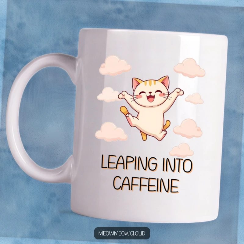 Funny joyful cat leaping gracefully between clouds, a dynamic and humorous mug perfect for a funny gift.