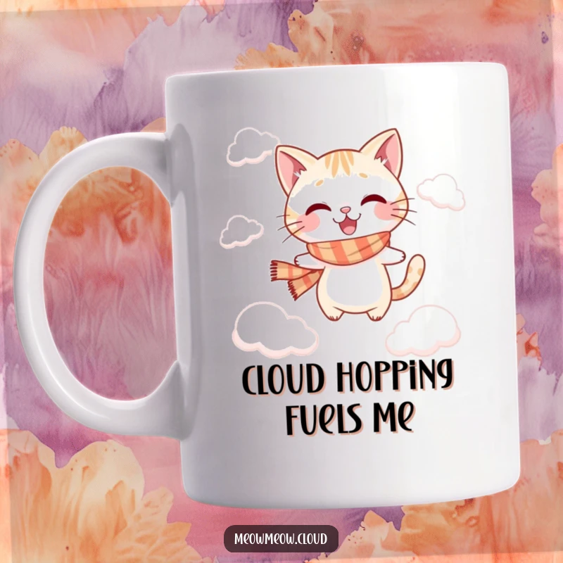 Funny jumping cat mug with a playful cat in a scarf, leaping between fluffy clouds.