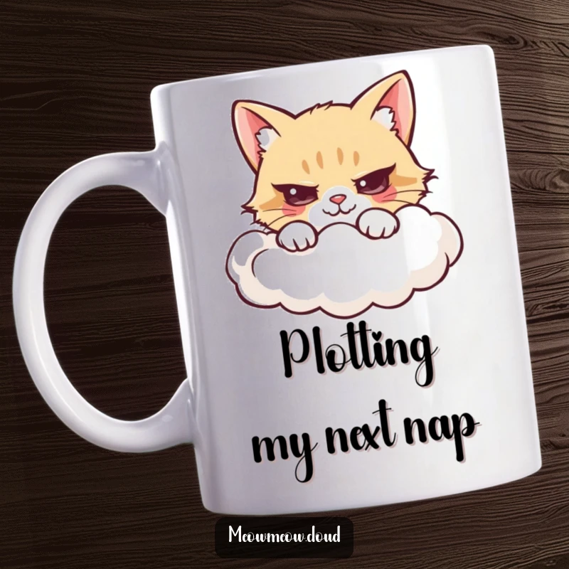 Funny mug with a mischievous cartoon cat peeking playfully from behind the edge of a fluffy cloud.