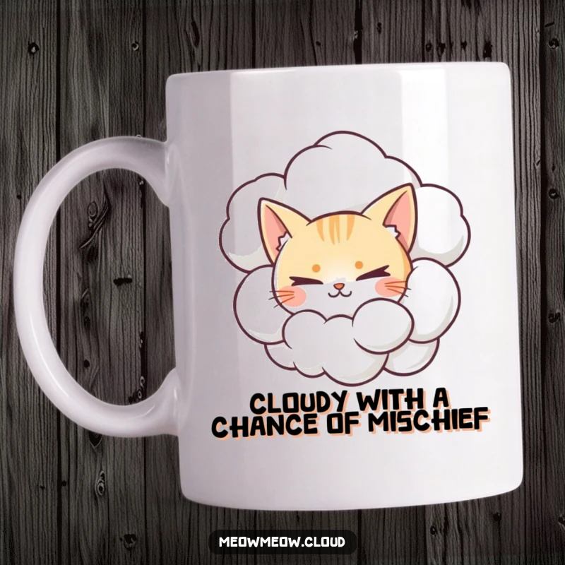Funny mug with a mischievous cat peeking from behind a fluffy cumulonimbus cloud, bringing playful surprise.