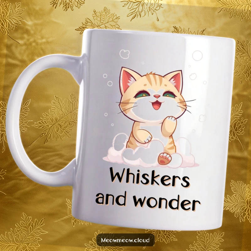 Funny mischievous cat playing with fluffy cloud wisps, depicted on a ceramic mug, ideal for playful moments.