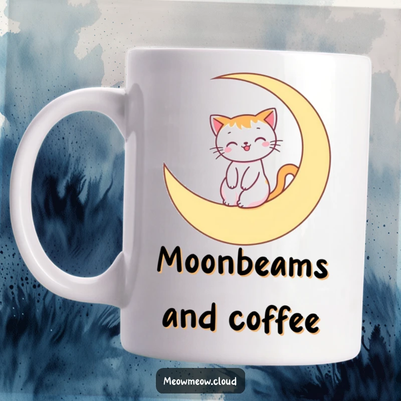 Funny Mug featuring a smiling cat character comfortably riding a glowing crescent moon through a starry night sky.