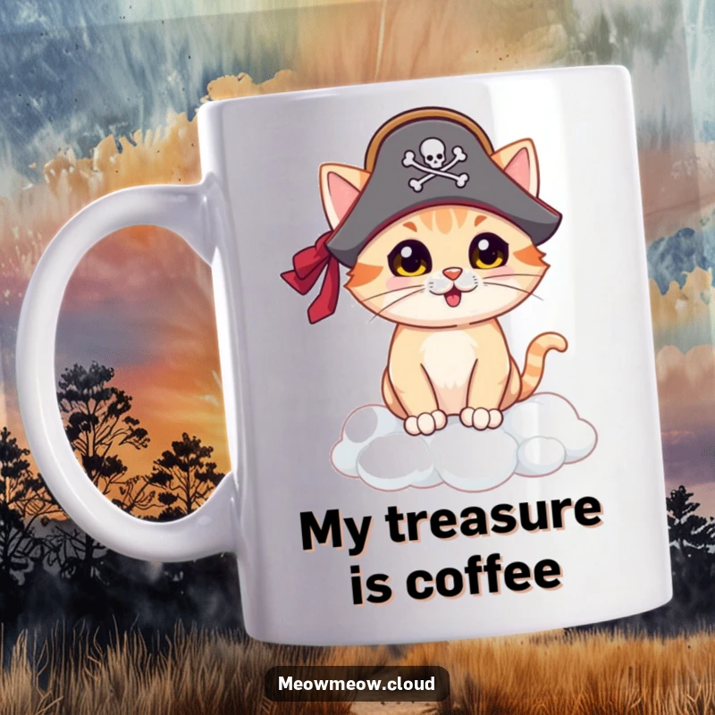 Funny pirate cat mug, proudly standing on a cloud island with a tiny hat, ready for adventure, a whimsical and humorous gift.