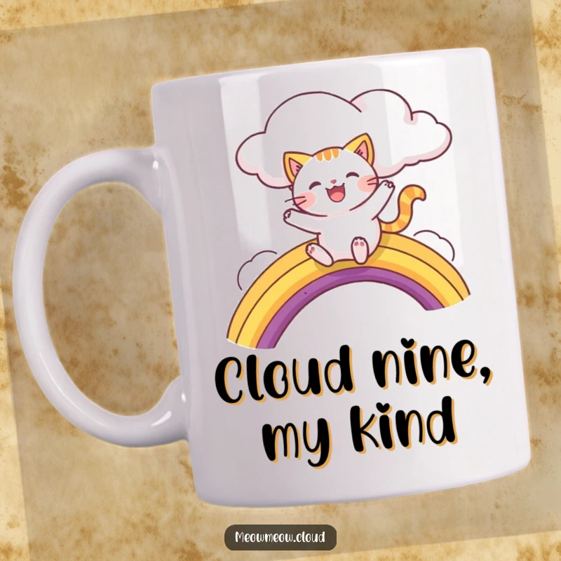 Funny mug with a happy cat character joyfully sliding down a vibrant rainbow from a fluffy cloud, spreading cheerful vibes.