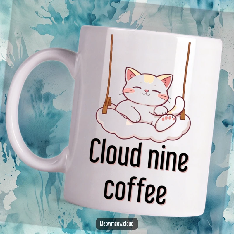 Funny Relaxed Cat Mug: A contented cat lounges effortlessly on a fluffy cloud swing, embodying ultimate relaxation and peaceful joy.