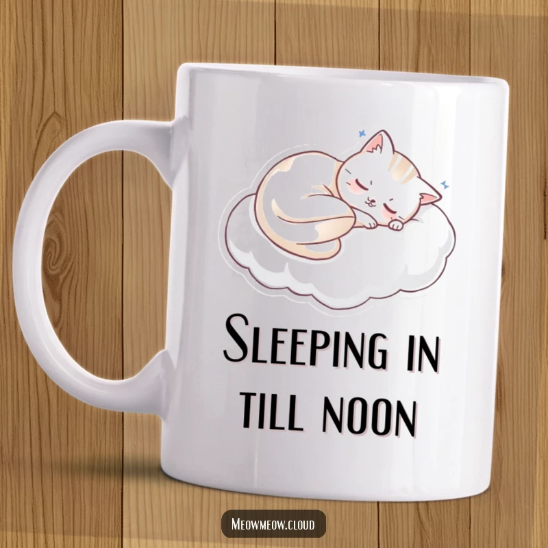 Funny sleeping cat curled on a soft cloud pillow, a peaceful and humorous mug, perfect for a funny gift.