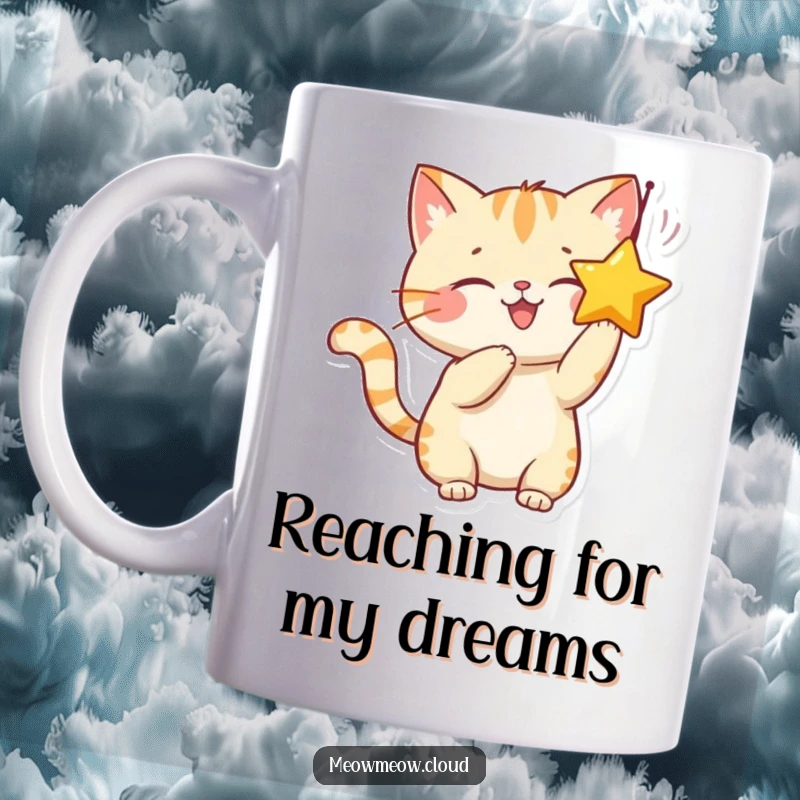 Funny mug of a smiling cat character playfully batting at a dangling star, full of joy and mischievous energy.