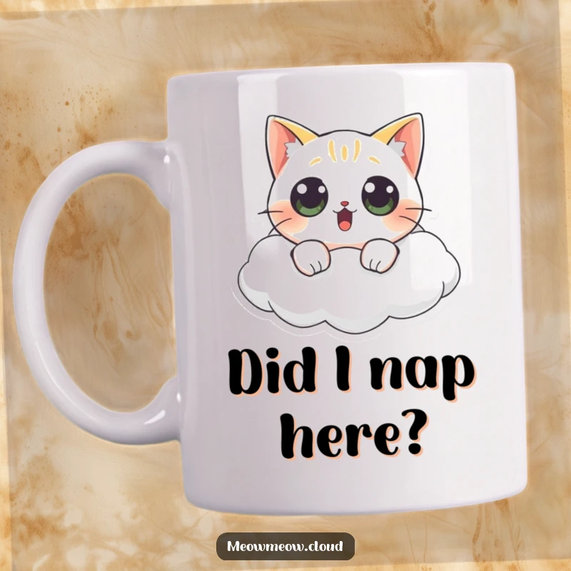 Funny cat mug showing a surprised cat with big, wide eyes floating unexpectedly on a fluffy cloud, expressing shock.