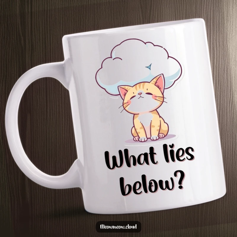 Funny curious cat peering down from a soft cloud with wide eyes full of wonder, perfect for contemplative moments.