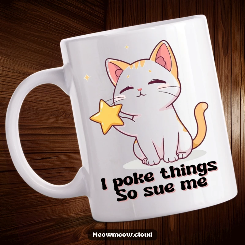 Funny mug with a mischievous cat poking a star in outer space, showcasing cosmic humor and playful feline curiosity.