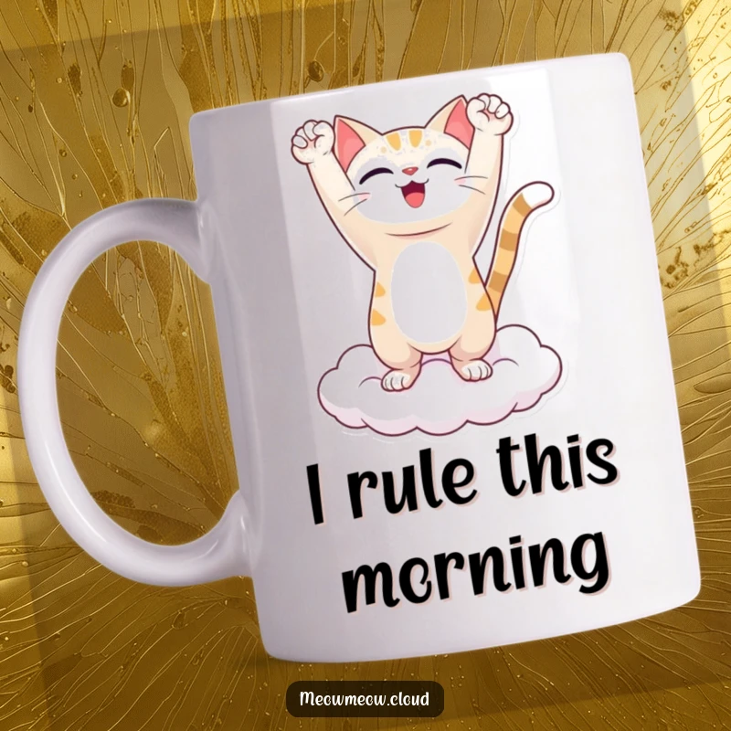 Funny mug featuring a triumphant cat character standing victoriously on a fluffy cloud, arms raised in celebration, radiating pure joy.