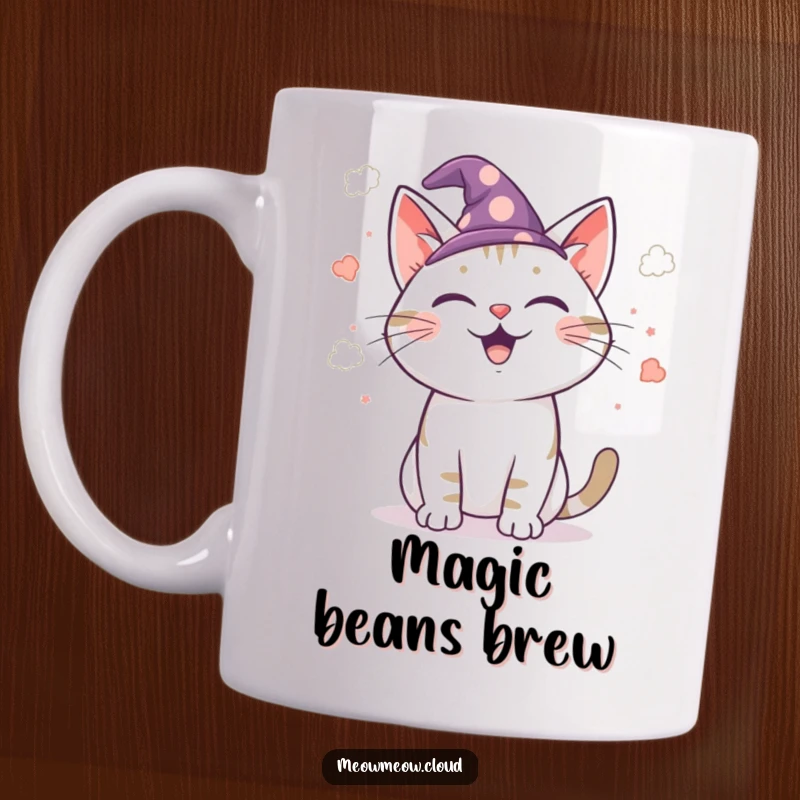 Funny wizard cat mug, a joyful feline conjuring cloud confetti with a tiny hat, magical and whimsical beverage holder.