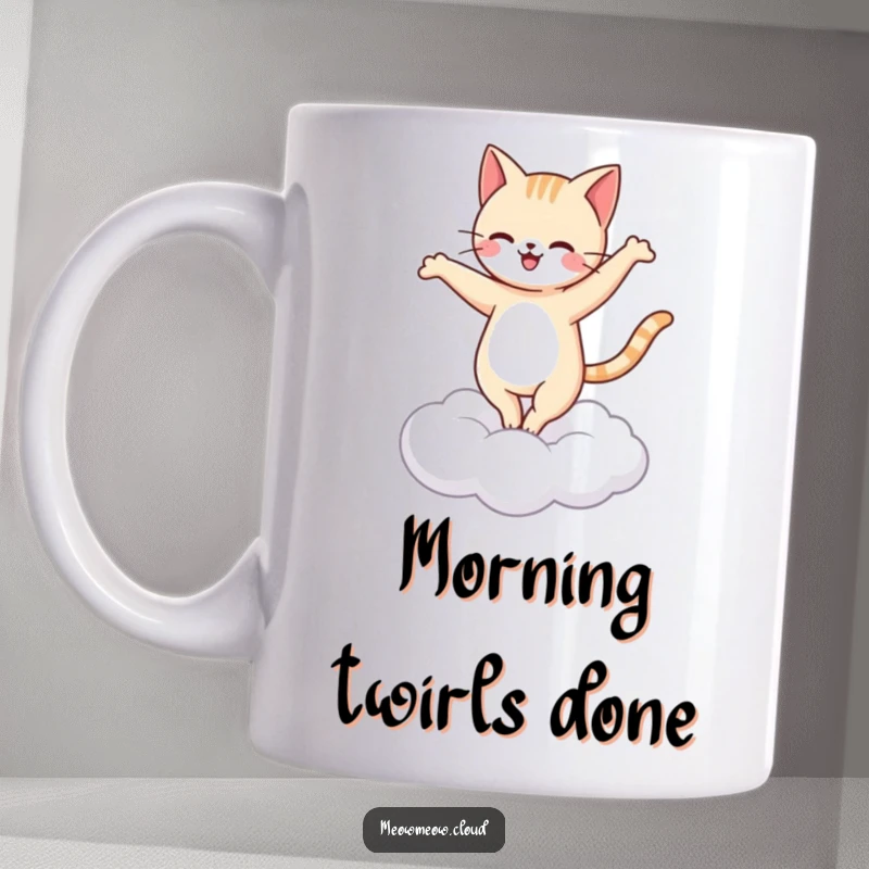 Funny happy cat mug showing a feline gracefully performing a ballet pirouette on a soft, fluffy cloud.