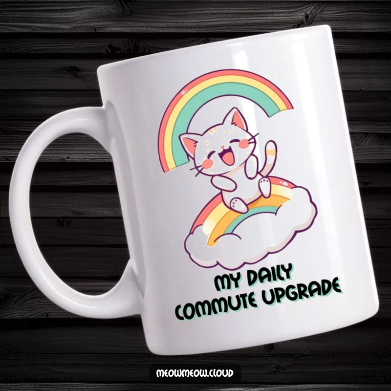 Funny mug featuring an excited cartoon cat joyfully sliding down a vibrant rainbow towards a fluffy cloud.