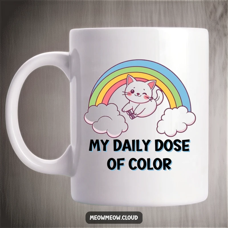 Funny mug featuring a playful cat character joyfully sliding down a vibrant rainbow over a soft cloud, perfect for cat enthusiasts.