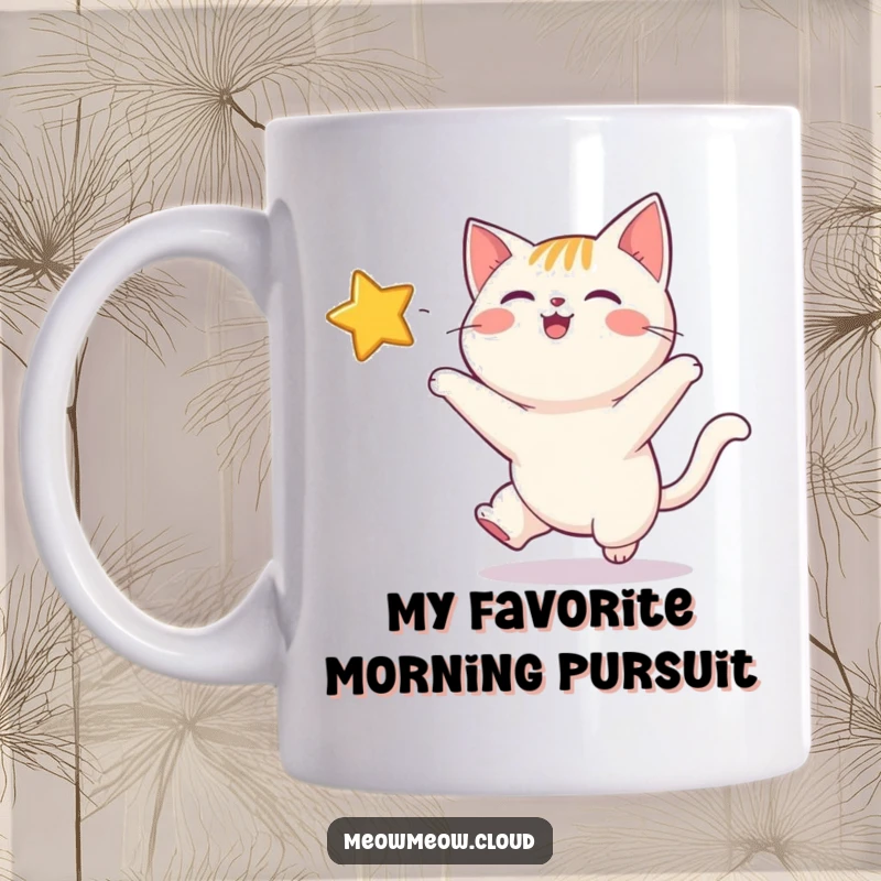 Funny cat mug with a happy feline leaping towards a bright, twinkling star, embodying pure joy and playful wonder.