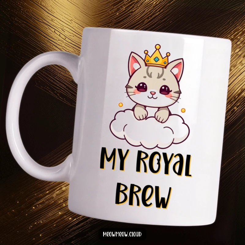 Funny Cat King Mug showing a cute cat wearing a tiny crown, majestically ruling from a cloud throne. Royal feline art.