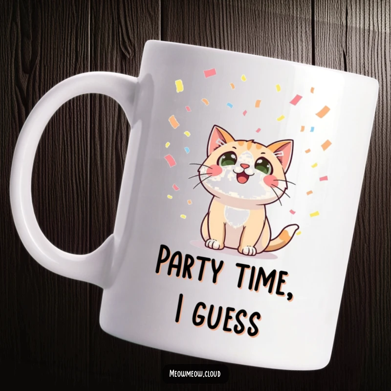 Funny mug of a happy cat character looking up with wide eyes at falling confetti, expressing pure delight and excitement.