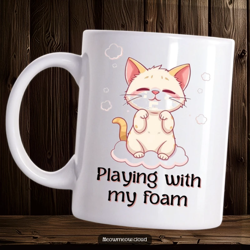 Funny cat cloud wisp mug featuring a mischievous cat playfully batting at fluffy cloud wisps, full of impish joy.