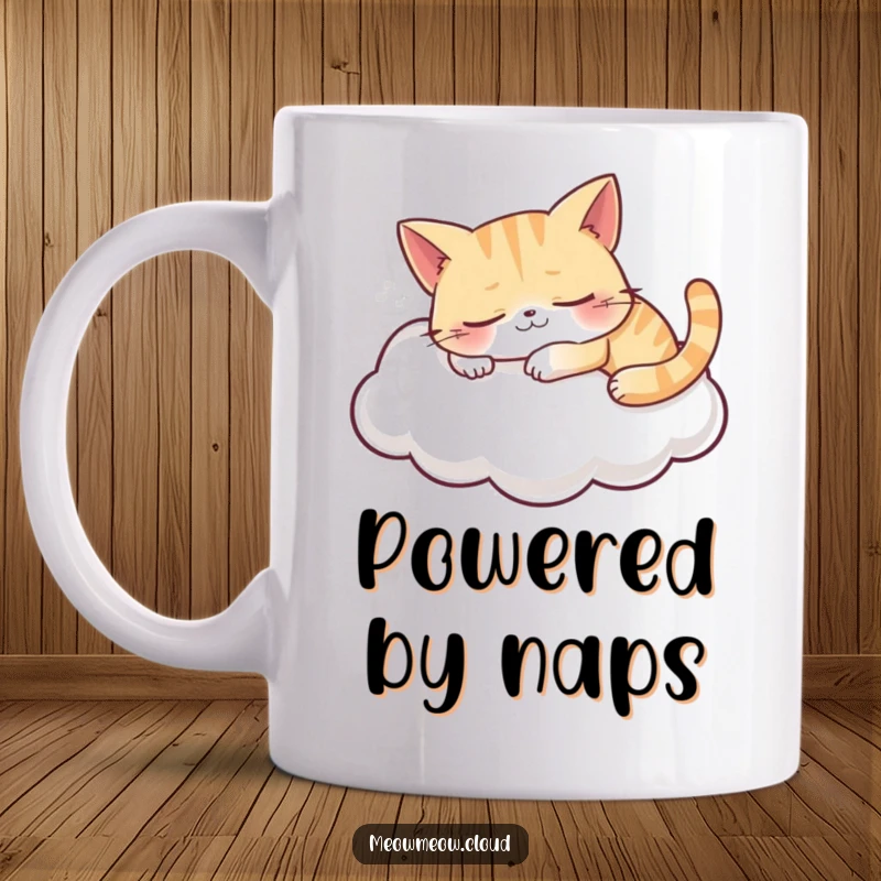 Funny mug featuring a grinning cat character sleeping soundly on a soft, puffy cloud, embodying ultimate relaxation.