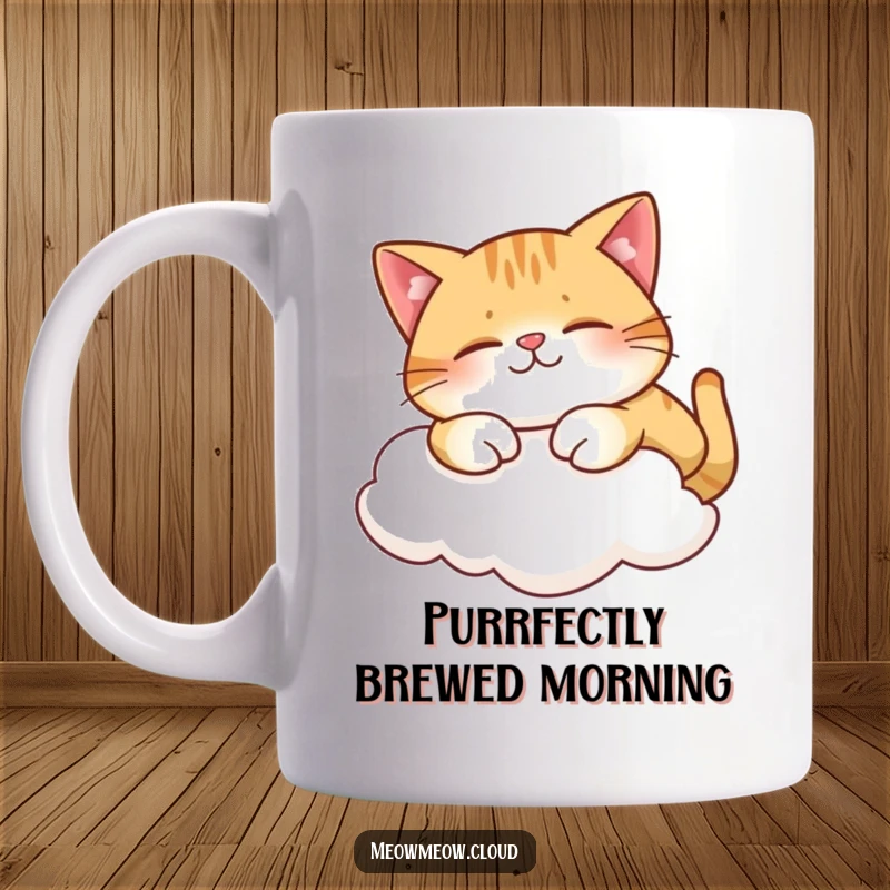 Funny mug featuring a contented cat stretching luxuriously on a soft cloud, embodying ultimate relaxation.