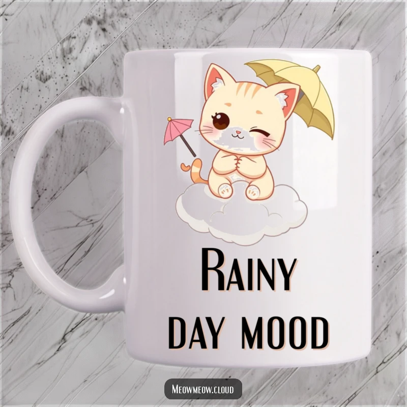 Funny Winking Cat Mug perched on a fluffy cloud, holding a miniature umbrella with a mischievous expression. Whimsical feline art.