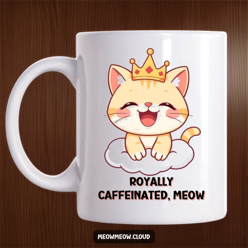 Funny cat mug with a joyful cat wearing a small crown, sitting regally on a cloud, exuding happiness.