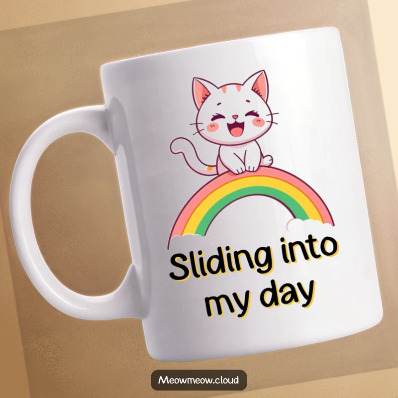 Funny mug of a cheerful cat character riding a rainbow arch like a slide, embodying pure joy and adventurous spirit.