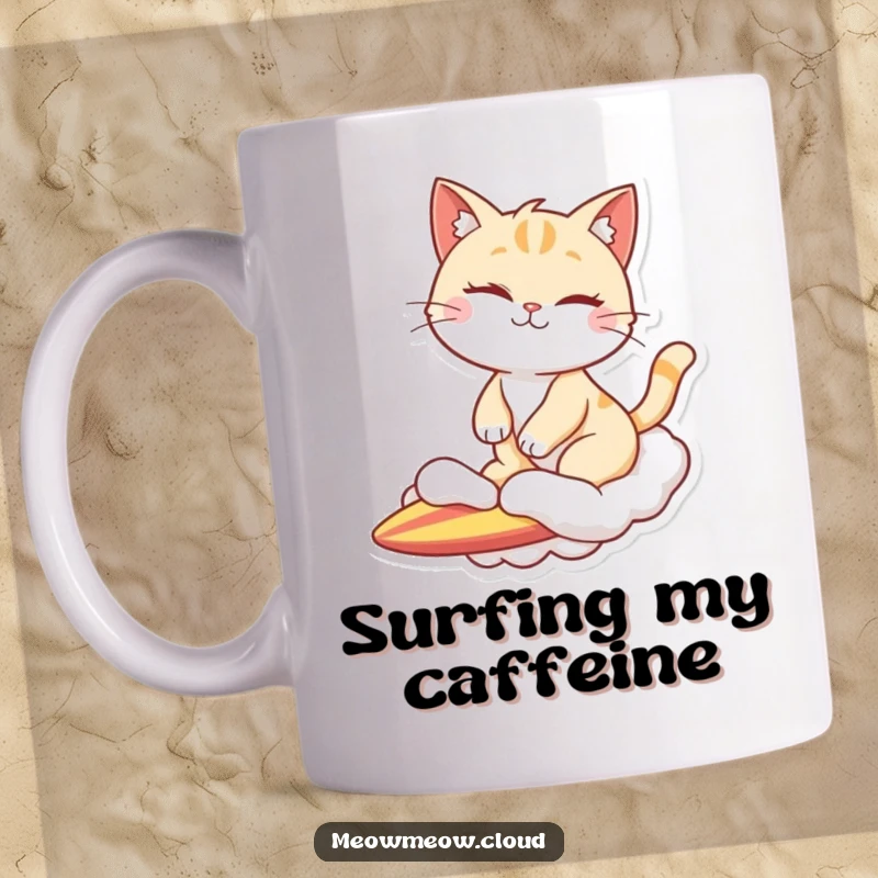 Funny mug showing a winking cat character expertly riding a whimsical cloud like a surfboard, radiating cool confidence.
