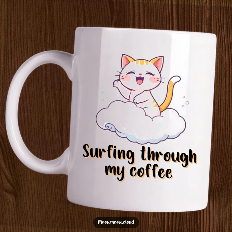 Funny mug featuring a joyful cartoon cat gracefully riding a fluffy cloud like a gentle wave.