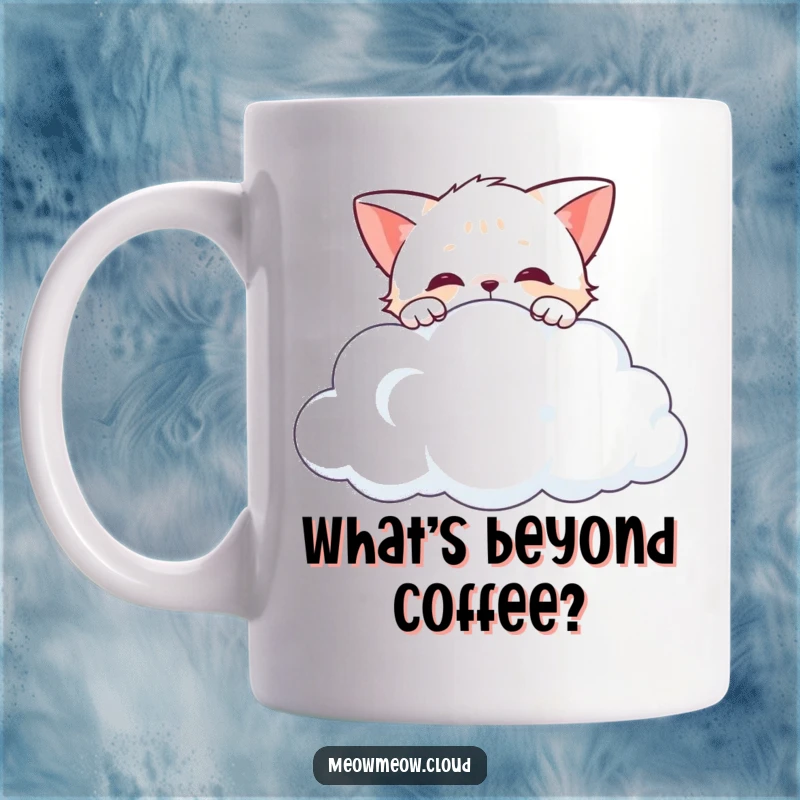 Funny curious cat character peeking its head over the edge of a fluffy cloud, with wide, observant eyes.