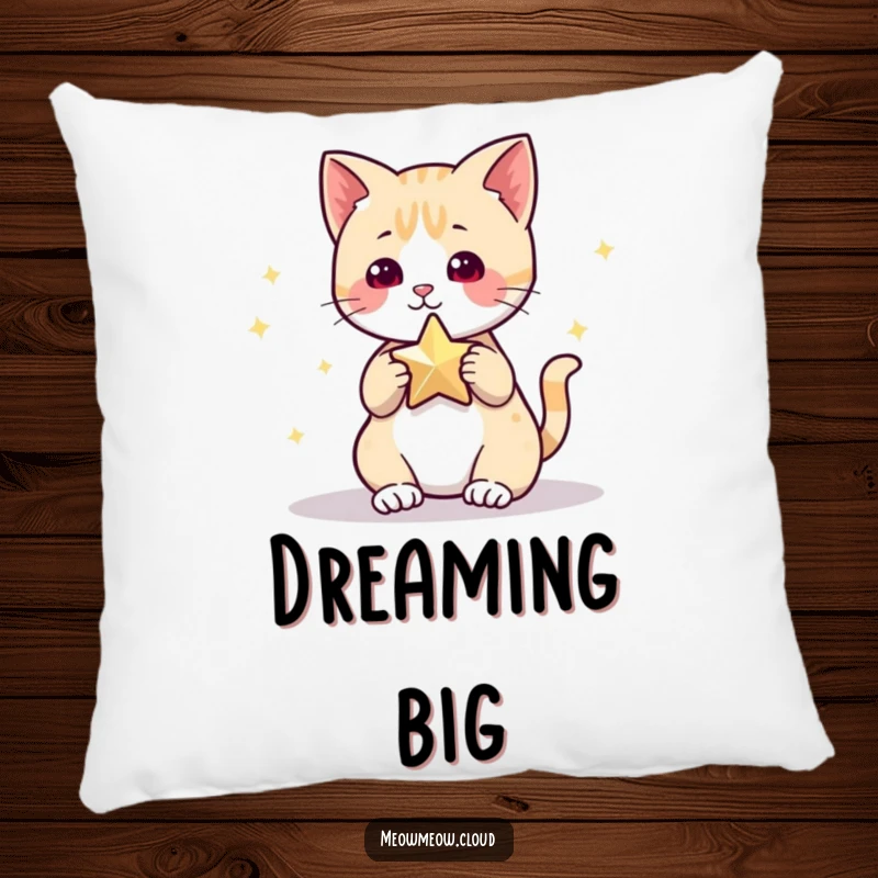 Funny Pillow featuring a sweet cat character reaching for a twinkling star, designed for ultimate comfort and a touch of cosmic whimsy.