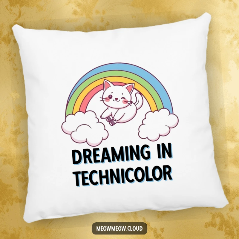 Funny pillow featuring a playful cat sliding down a rainbow over a cloud, providing soft comfort and a humorous visual.