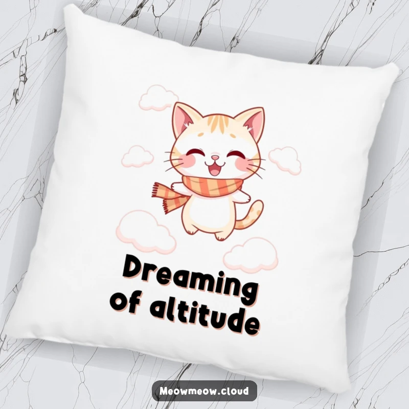 Funny jumping cat pillow featuring a playful cat in a scarf, leaping between soft clouds.