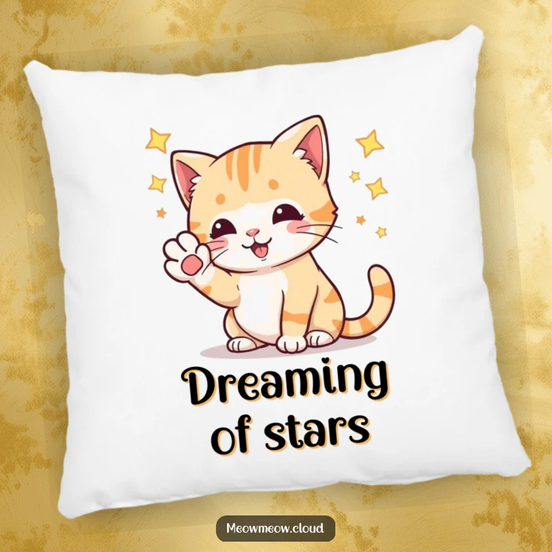 Funny playful cat batting at stars with its paw, a soft and humorous decorative pillow for cozy spaces.