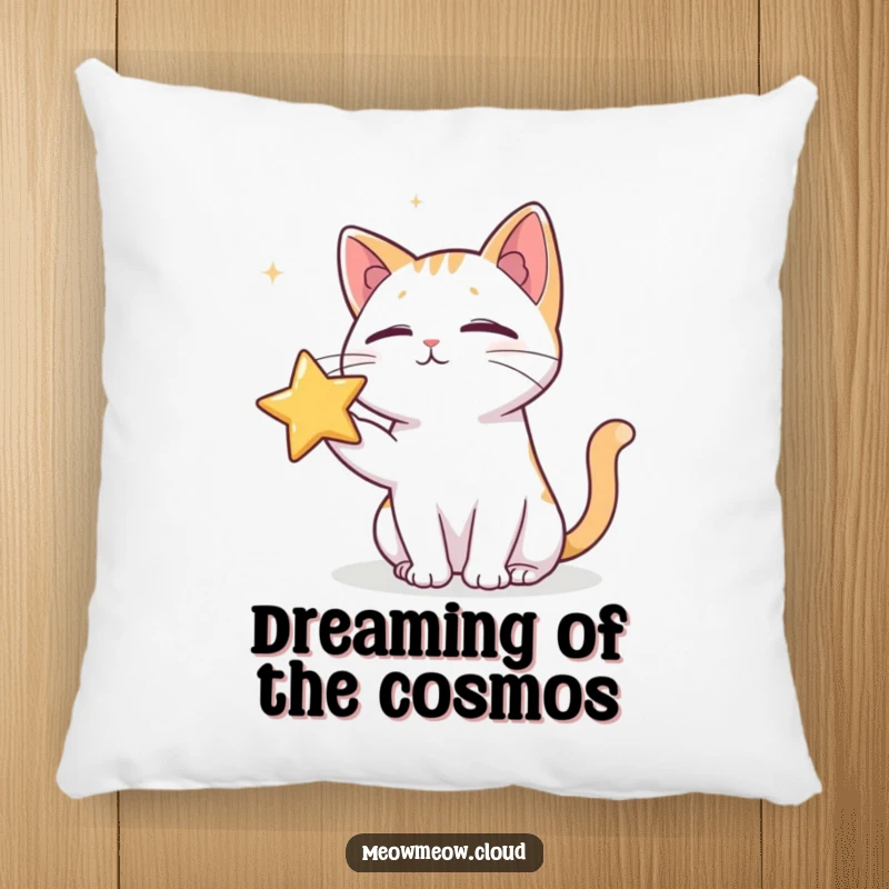 Funny pillow with a cat reaching to poke a star, offering comfort and a touch of cosmic humor.
