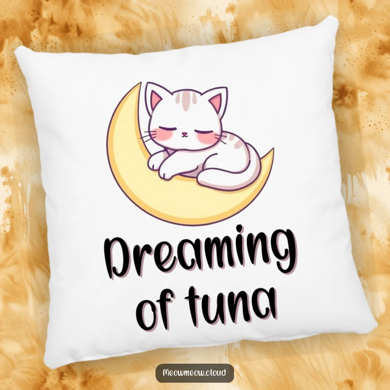 Funny pillow with an adorable cat character peacefully napping on a crescent moon, offering plush comfort and sweet dreams.